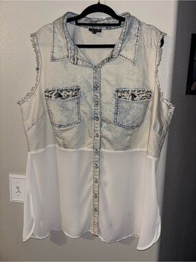 City Chic Acid Wash Jeweled Pocket Tunic Blouse Sz XXL Plus